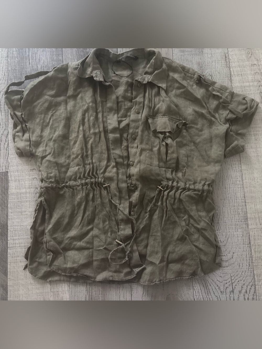Zara Olive Green Button-Up Shirt with Drawstring Size L